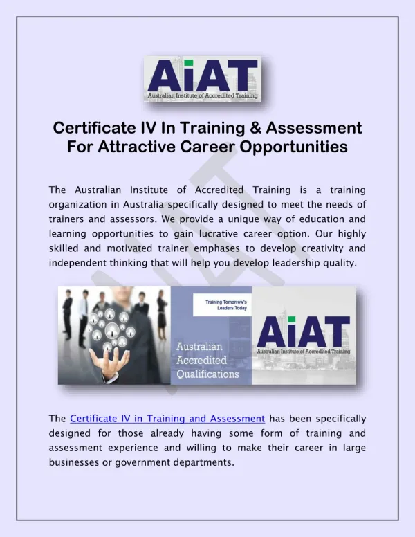 Certificate IV In Training & Assessment For Attractive Career Opportunities