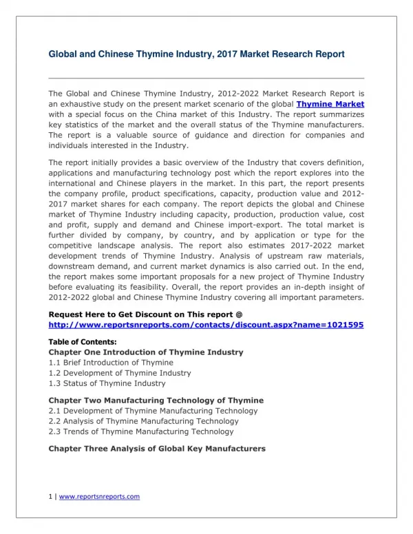 Thymine Industry 2022 Forecasts for (Global, Chinese) Region