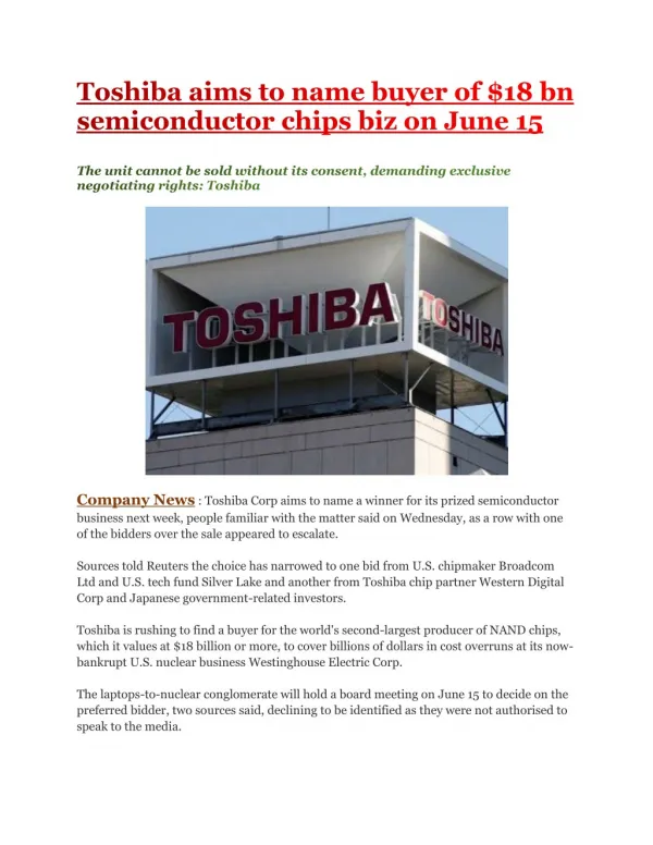 Toshiba aims to name buyer of $18 bn semiconductor chips biz on June 15