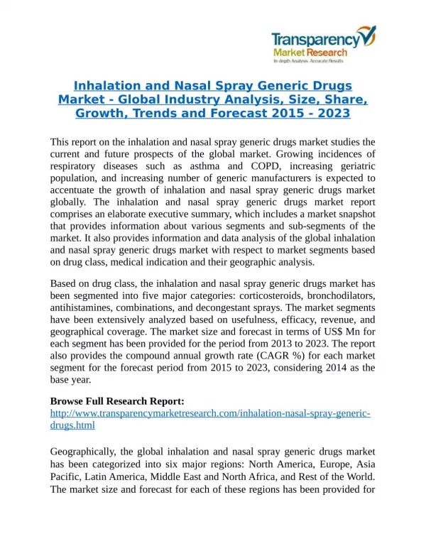 Inhalation and Nasal Spray Generic Drugs Market is expanding at a CAGR of 5.5% from 2015 - 2023
