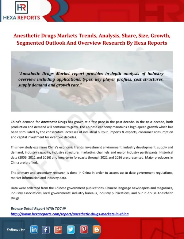 Anesthetic drugs markets trends, analysis, share, size, growth, segmented outlook and overview research by hexa reports