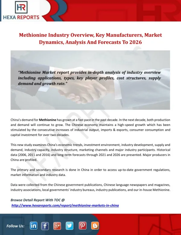 Methionine Industry Overview, Key Manufacturers, Market Dynamics, Analysis And Forecasts To 2026