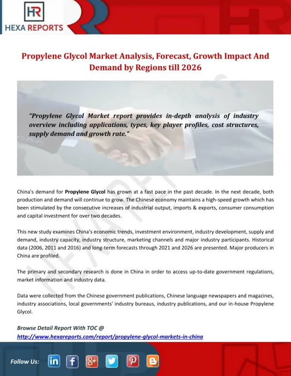 Propylene Glycol Market Analysis, Forecast, Growth Impact And Demand by Regions till 2026
