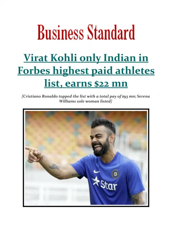 Virat Kohli only Indian in Forbes highest paid athletes list, earns $22 mn