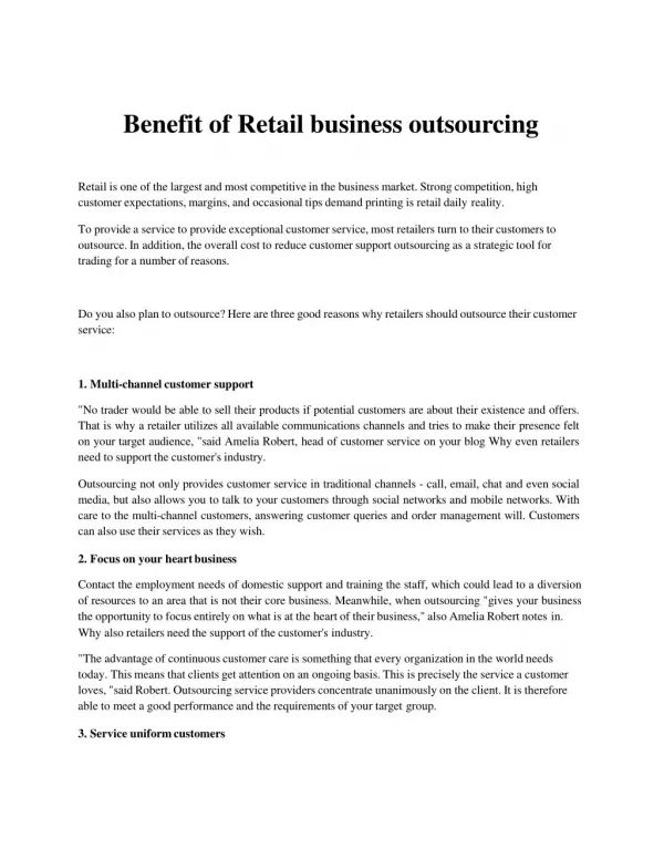 Benefit of Retail business outsourcing