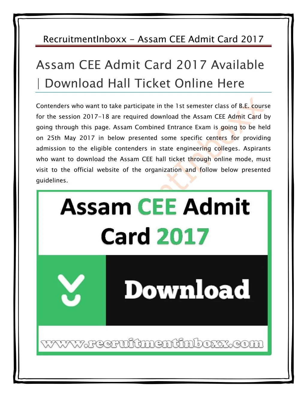 recruitmentinboxx assam cee admit card 2017