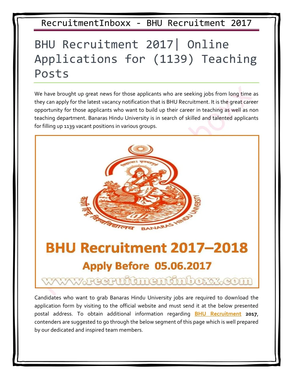 recruitmentinboxx bhu recruitment 2017