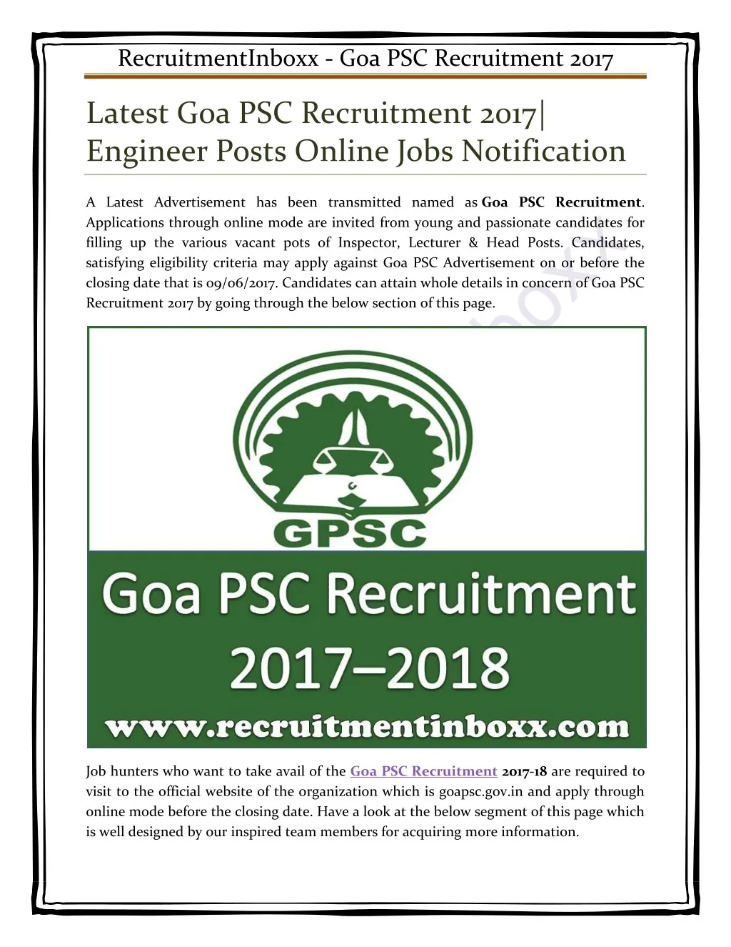 recruitmentinboxx goa psc recruitment 2017