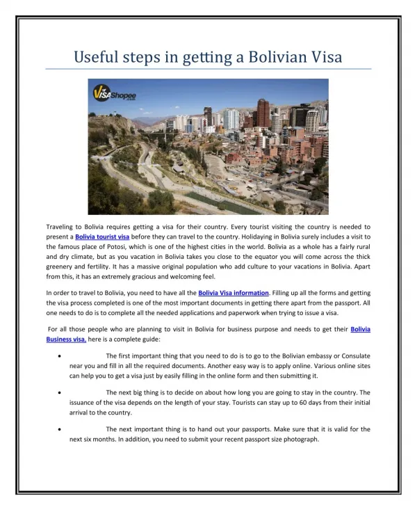 Useful steps in getting a Bolivian Visa