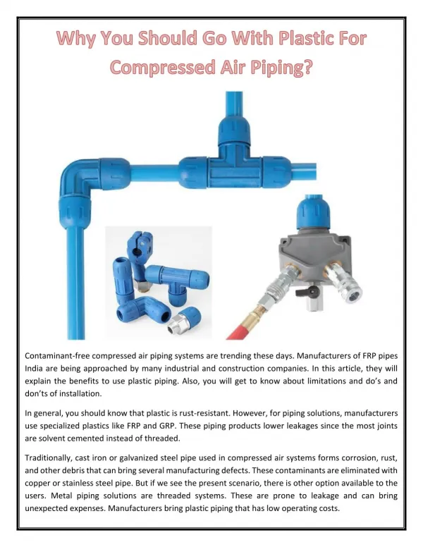 Why You Should Go With Plastic For Compressed Air Piping?