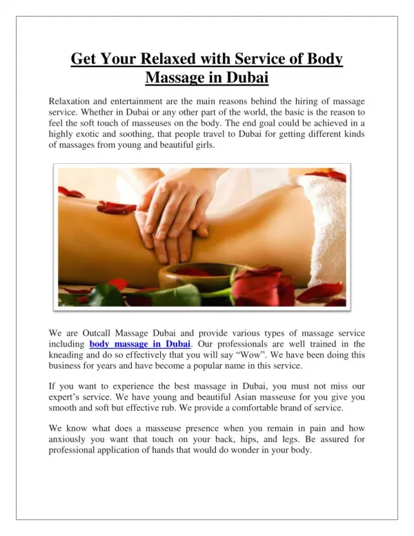 Get Your Relaxed with Service of Body Massage in Dubai