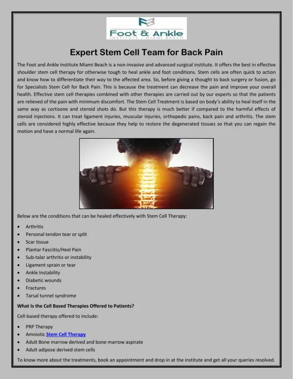 Expert Stem Cell Team for Back Pain