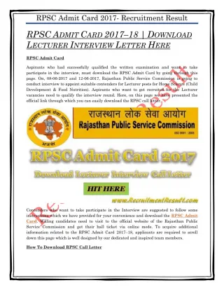 RPSC ADMIT CARD 2017–18 | DOWNLOAD LECTURER INTERVIEW LETTER HERE - slide 1