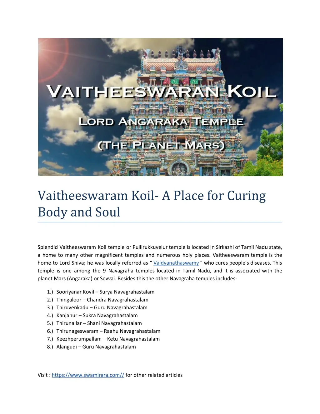vaitheeswaram koil a place for curing body