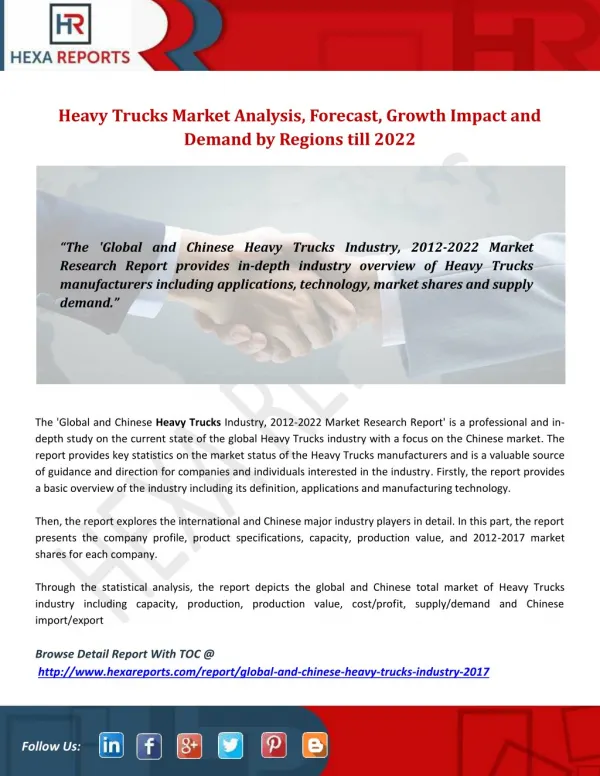 Heavy trucks market analysis, forecast, growth impact and demand by regions till 2022