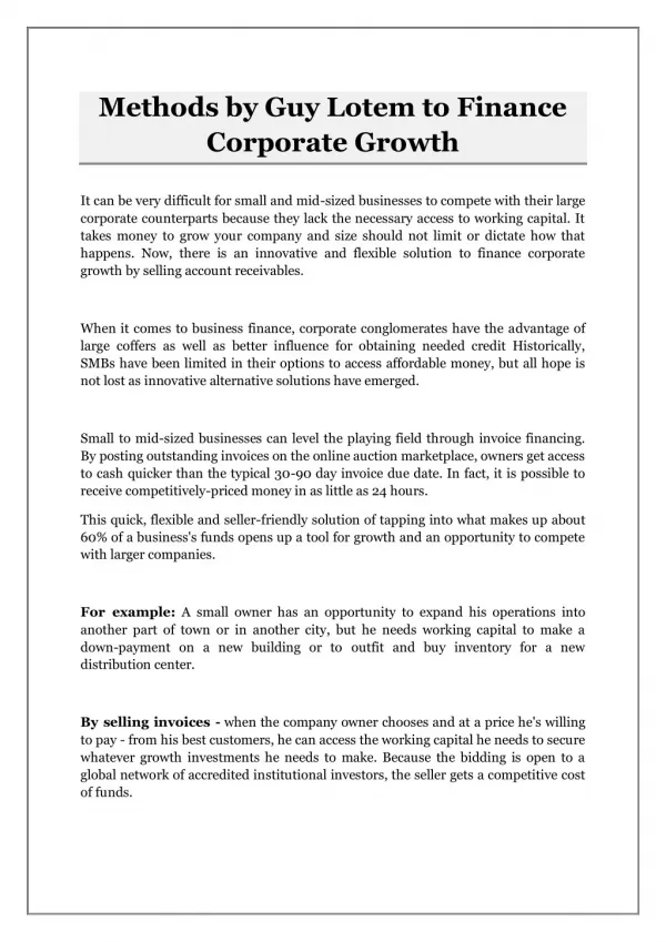 Methods by Guy Lotem to Finance Corporate Growth