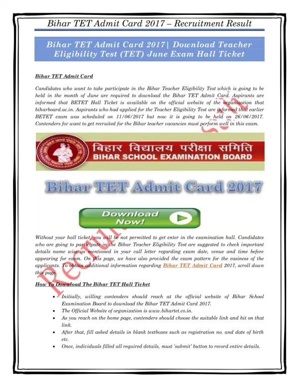 Bihar TET Admit Card 2017| Download Teacher Eligibility Test (TET) June Exam Hall Ticket