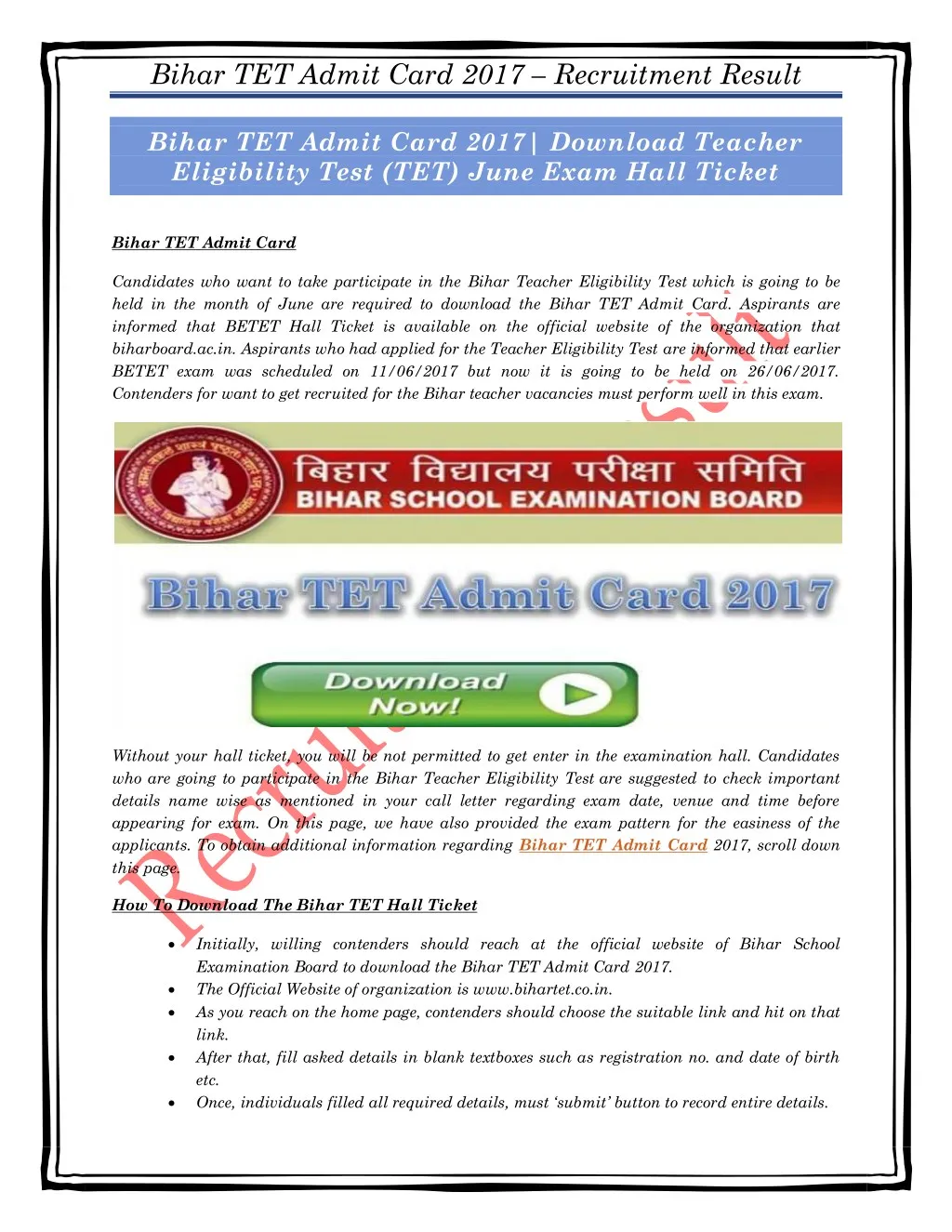 bihar tet admit card 2017 recruitment result
