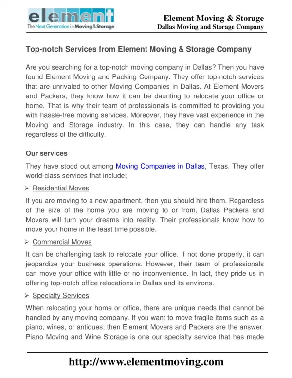 Top-notch Services from Element Moving & Storage Company