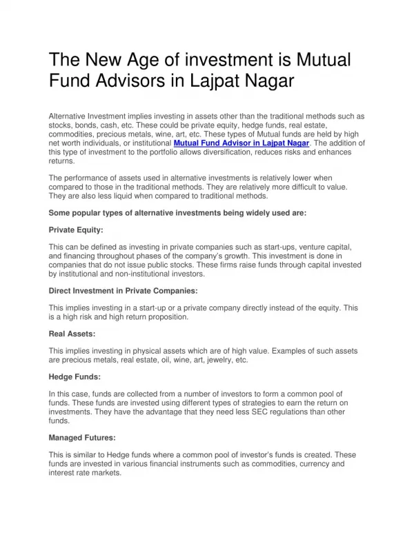 The New Age of investment is Mutual Fund Advisors in Lajpat Nagar