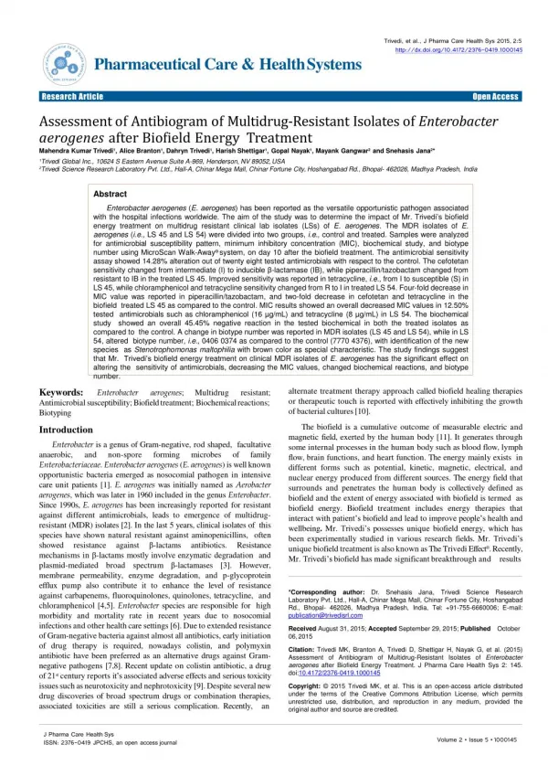 Assessment of Antibiogram of Multidrug-Resistant Isolates of Enterobacter aerogenes after Biofield Energy Treatment