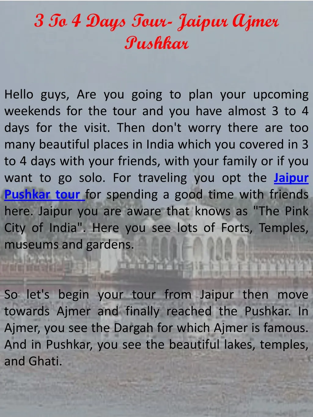 3 to 4 days tour jaipur ajmer pushkar