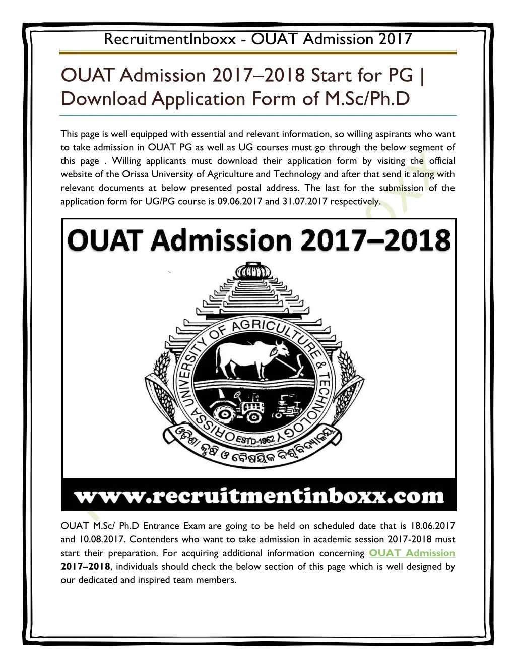recruitmentinboxx ouat admission 2017