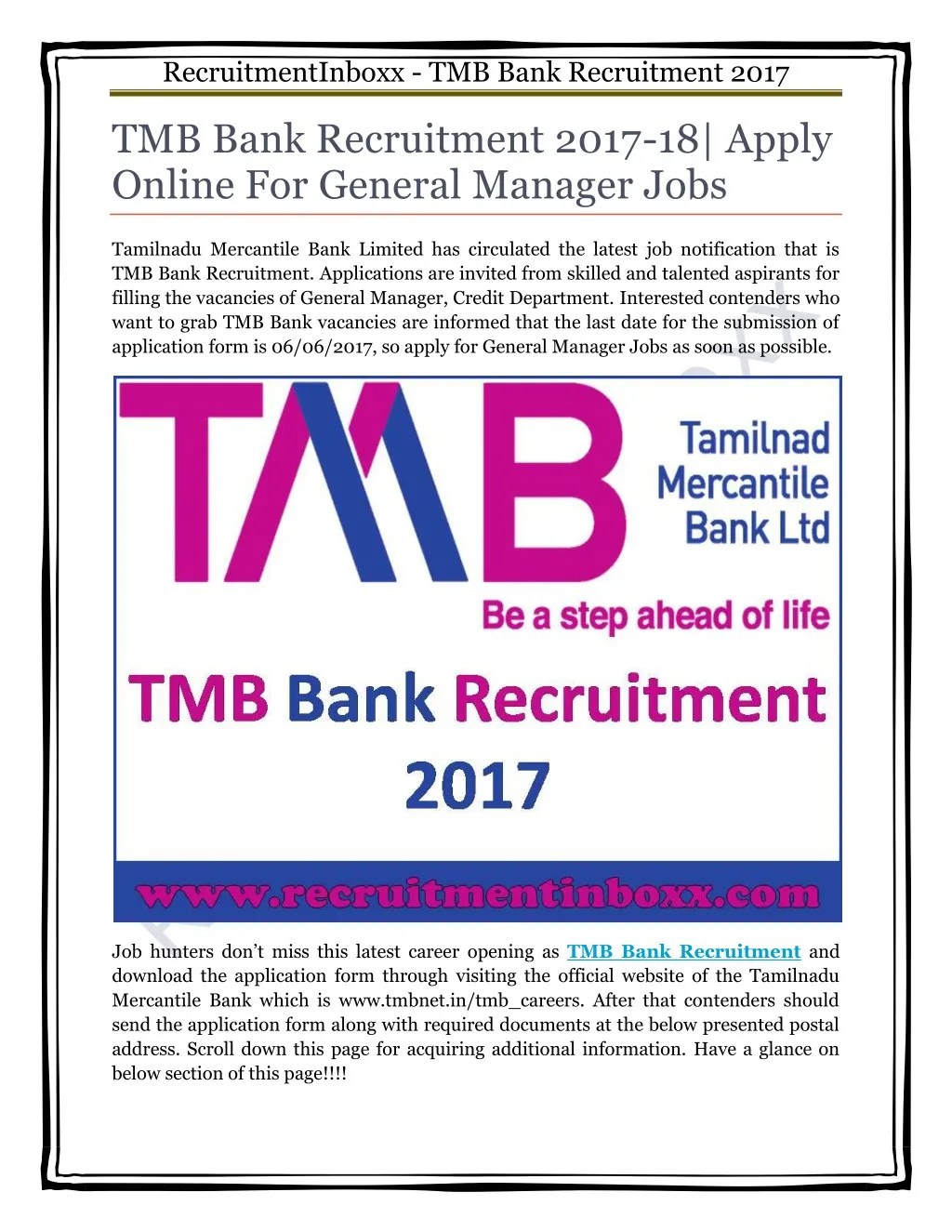 recruitmentinboxx tmb bank recruitment 2017