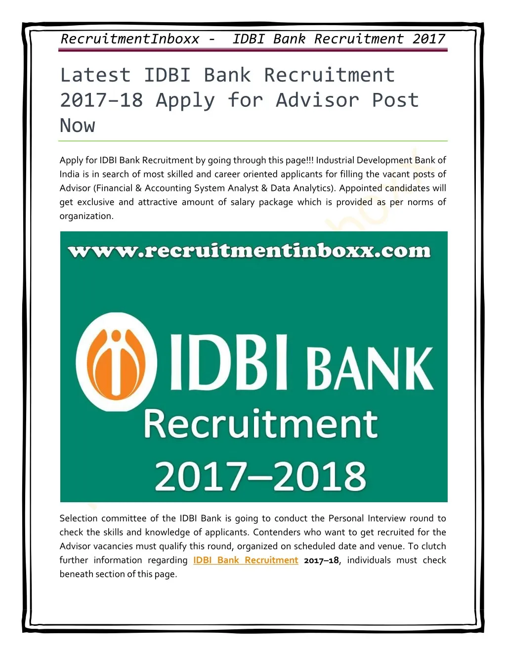recruitmentinboxx idbi bank recruitment 2017