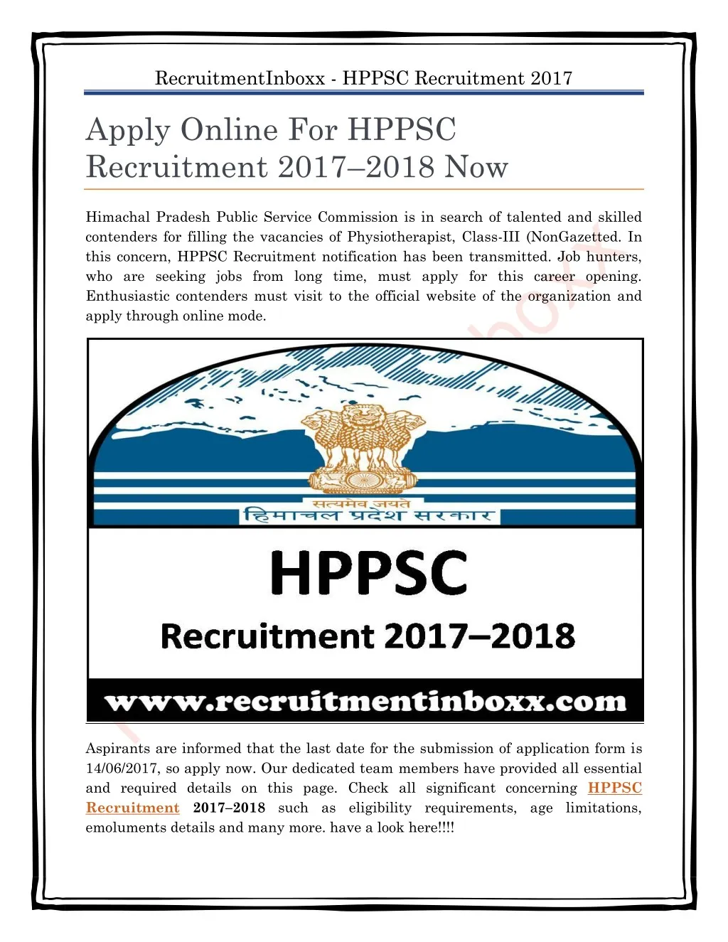 recruitmentinboxx hppsc recruitment 2017