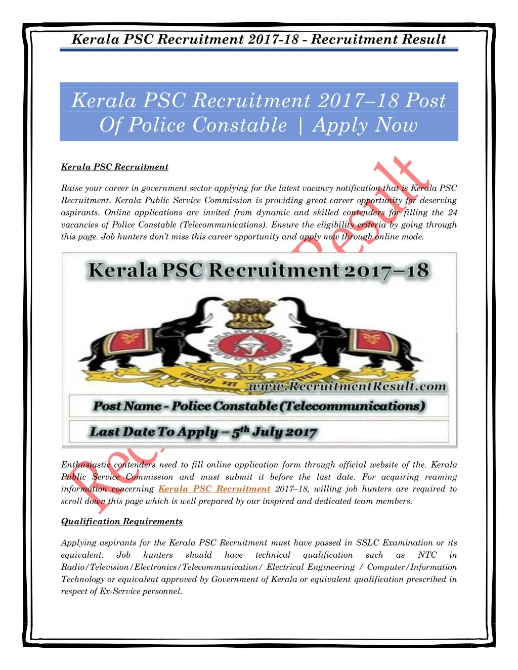 kerala psc recruitment 2017 18 recruitment result