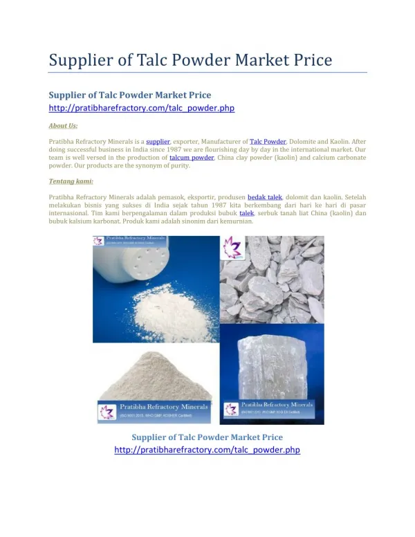 Supplier of Talc Powder Market Price