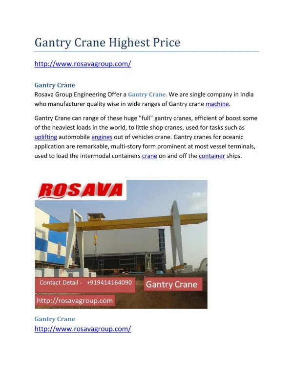 Gantry Crane Highest Price