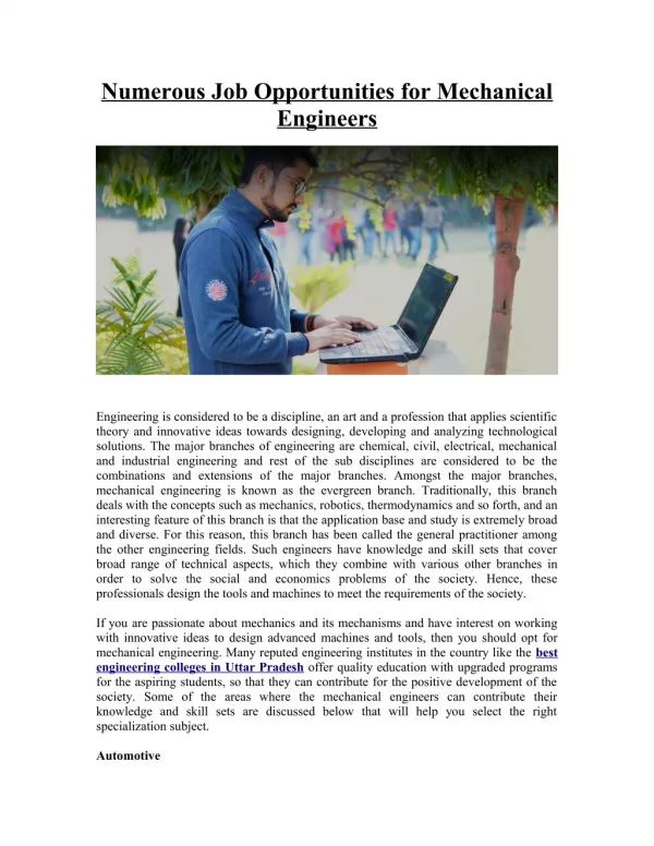 Numerous Job Opportunities for Mechanical Engineers