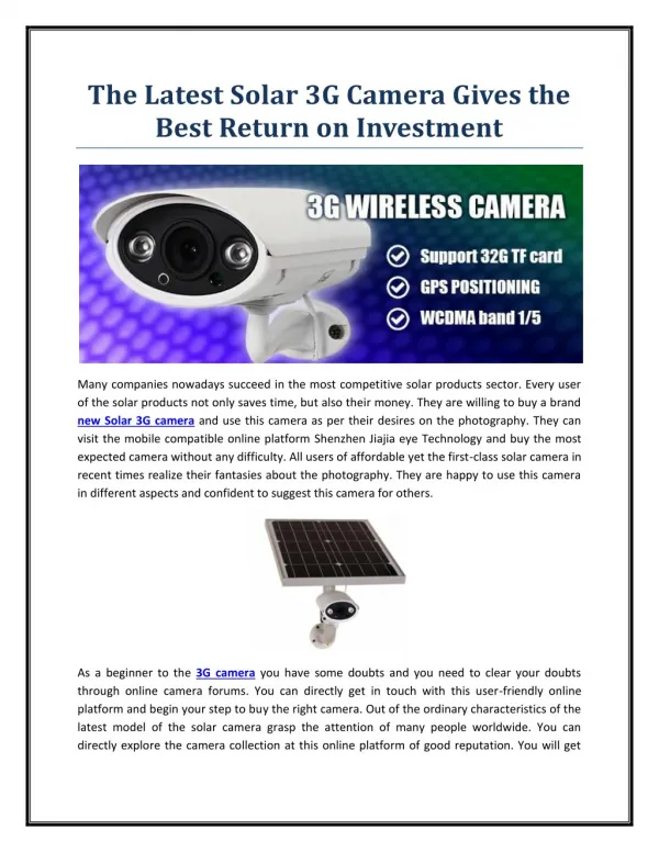 The Latest Solar 3G Camera Gives the Best Return on Investment