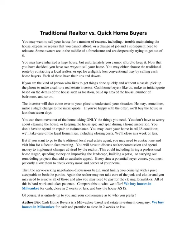 Traditional Realtor vs. Quick Home Buyers