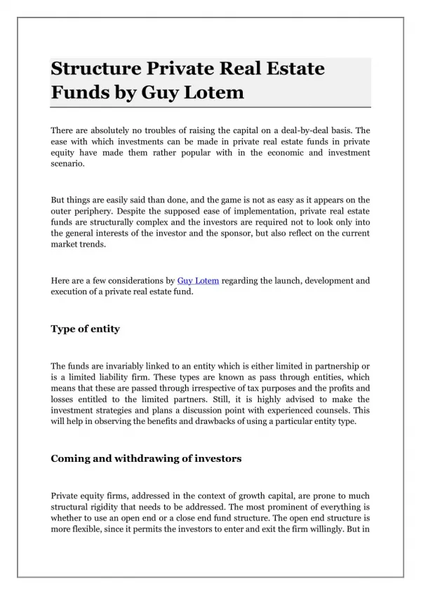 Structure Private Real Estate Funds by Guy Lotem