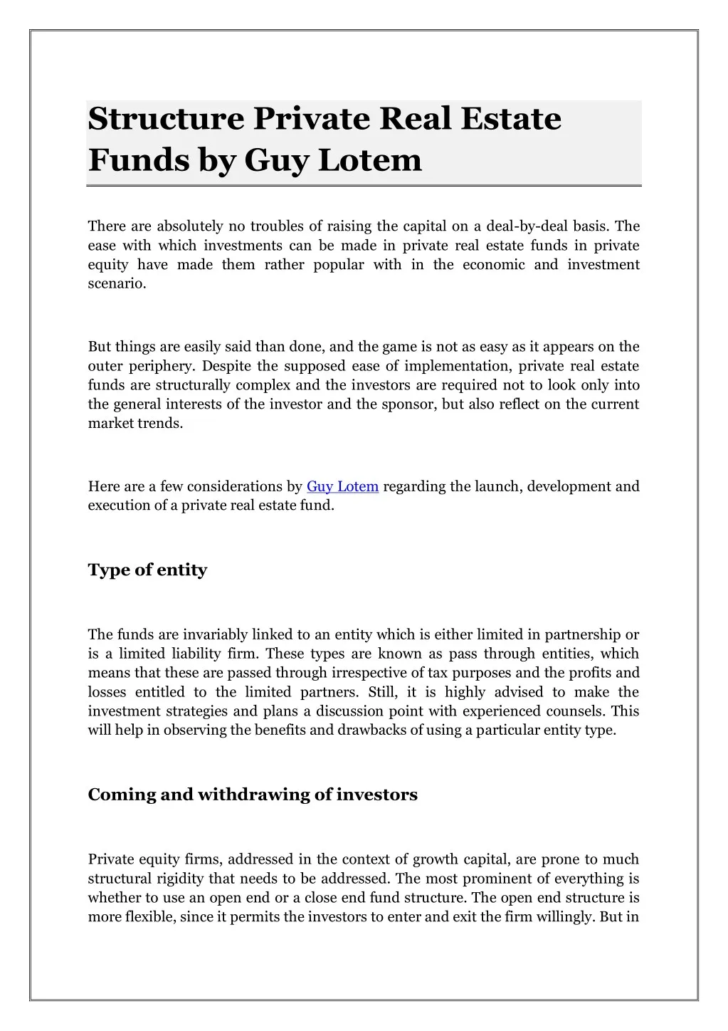 structure private real estate funds by guy lotem
