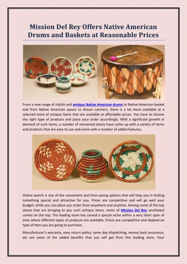 Mission Del Rey Offers Native American Drums and Baskets at Reasonable Prices