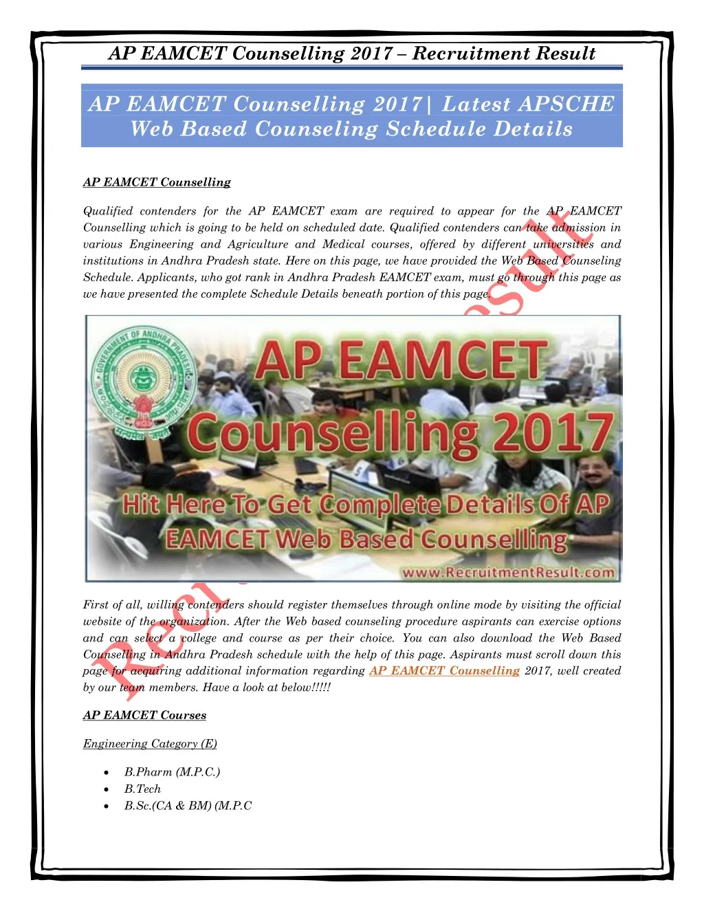 ap eamcet counselling 2017 recruitment result