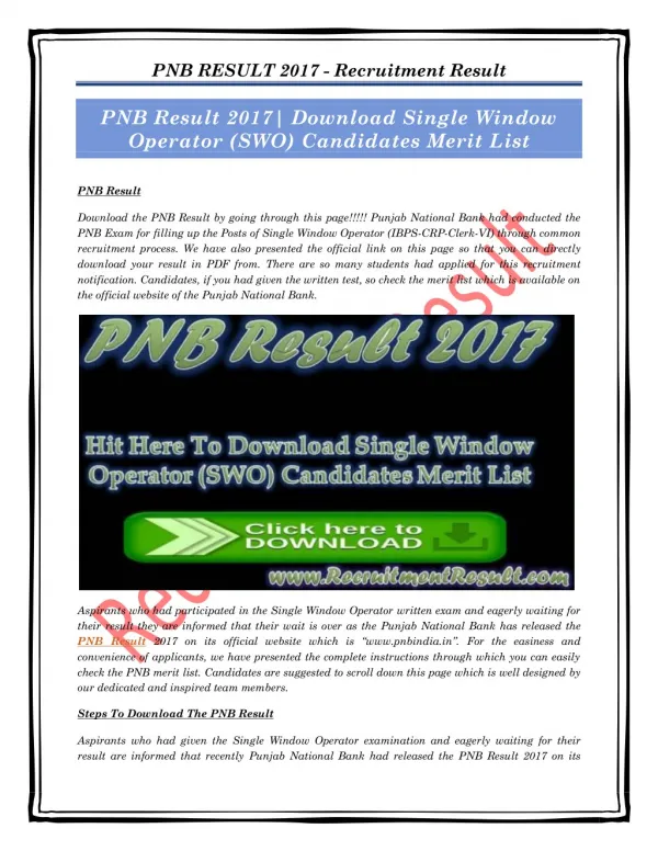 PNB Result 2017| Download Single Window Operator (SWO) Candidates Merit List