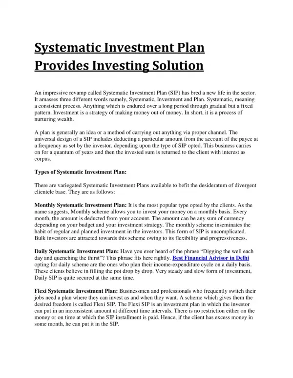 Systematic Investment Plan Provides Investing Solution