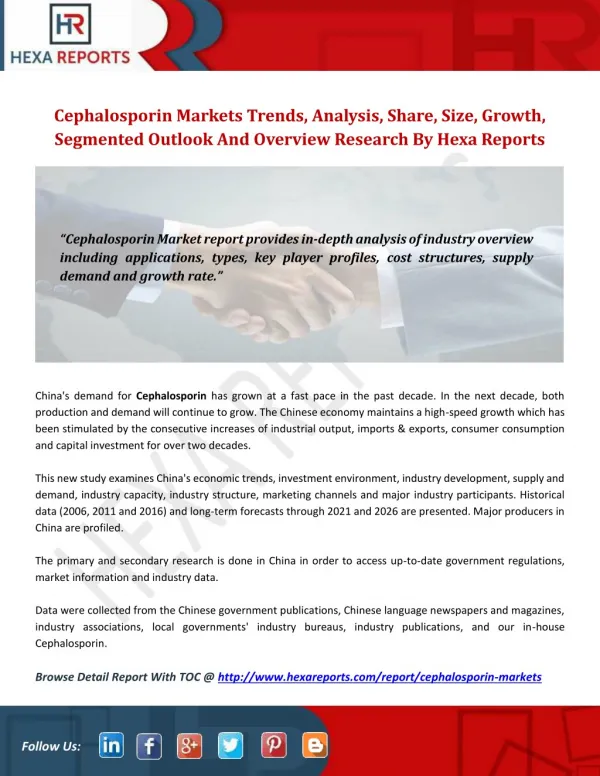 Cephalosporin markets trends, analysis, share, size, growth, segmented outlook and overview research by hexa reports
