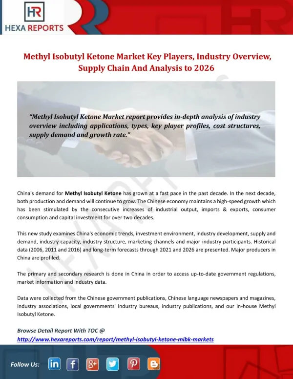 Methyl isobutyl ketone market key players, industry overview, supply chain and analysis to 2026