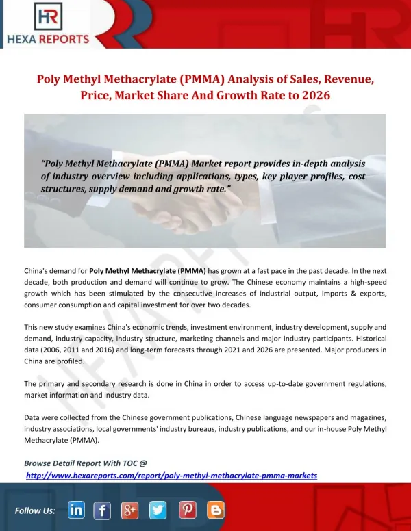 Poly methyl methacrylate (pmma) analysis of sales, revenue, price, market share and growth rate to 2026
