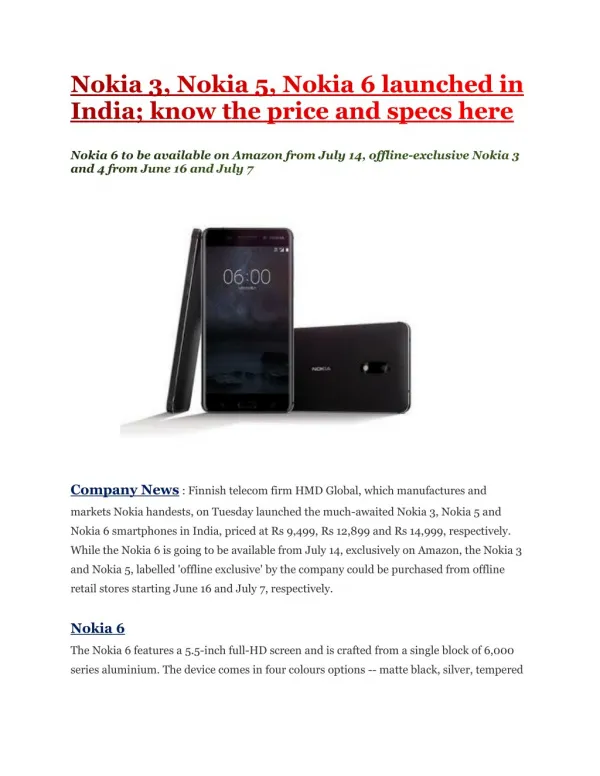 Nokia 3, Nokia 5, Nokia 6 launched in India; know the price and specs here