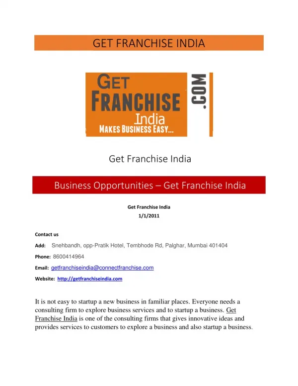 India’s finest organization, Get Franchise India
