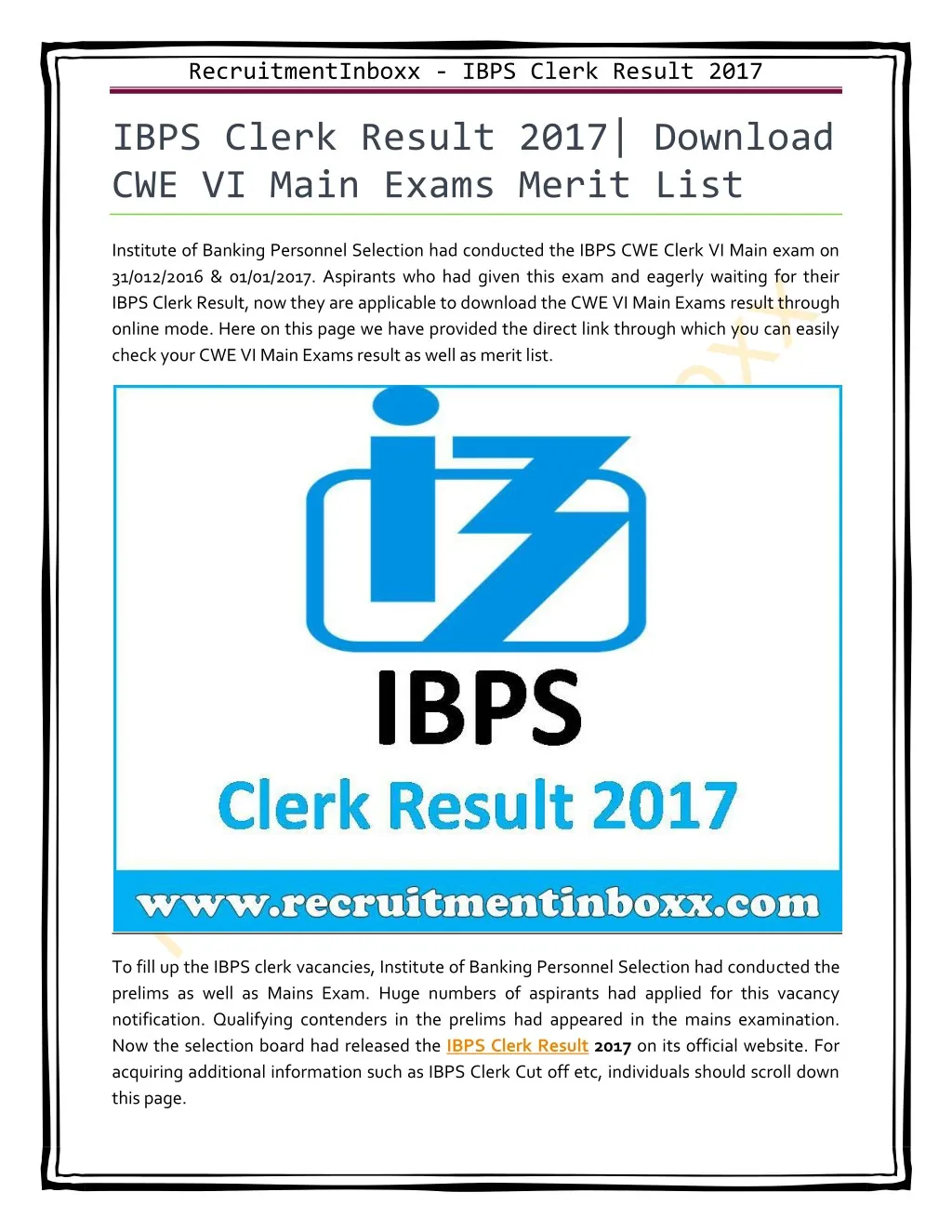 recruitmentinboxx ibps clerk result 2017