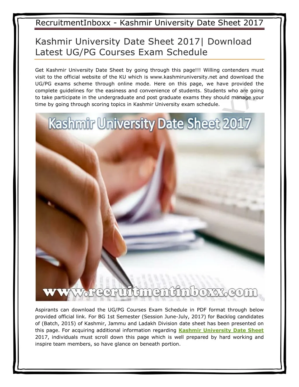 recruitmentinboxx kashmir university date sheet