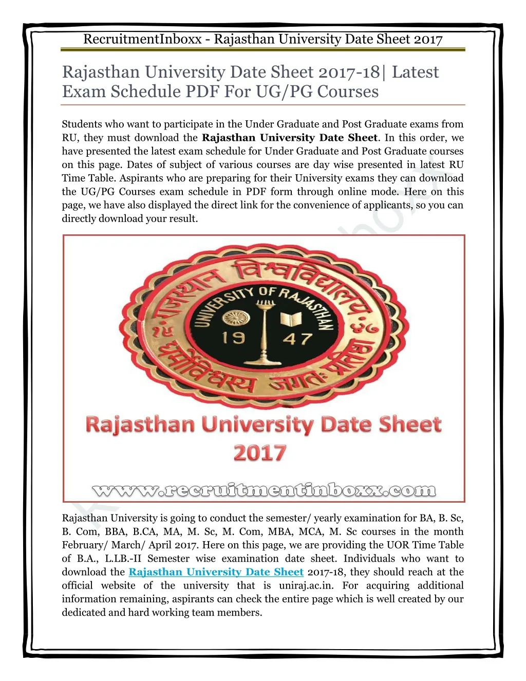 recruitmentinboxx rajasthan university date sheet
